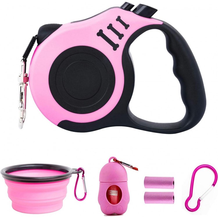 PETIMP Retractable Dog Leash Lightweight 16FT Leash, with Folding Bowl,Dispenser,Waste Bags, for Small Medium Dogs(Pink)