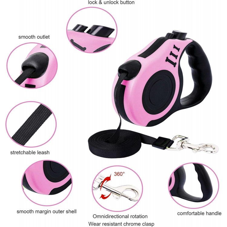 PETIMP Retractable Dog Leash Lightweight 16FT Leash, with Folding Bowl,Dispenser,Waste Bags, for Small Medium Dogs(Pink)