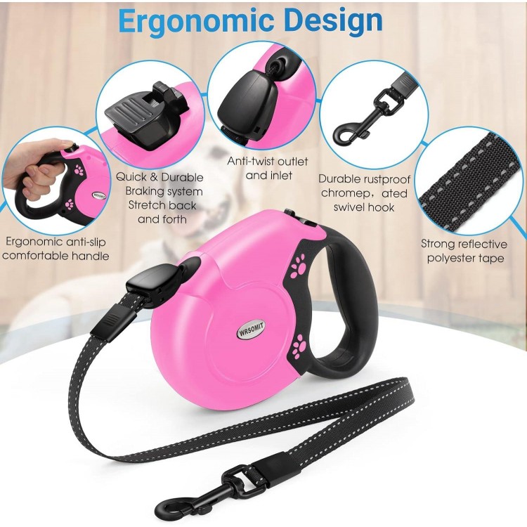 Retractable Dog Leash, 26 Ft Heavy Duty Pet Walking Leash for Small Medium Large Dogs up to 110lbs, Anti-Slip Handle, 360 ° No Tangle, Nylon Tape, One-Handed Brake (Pink)