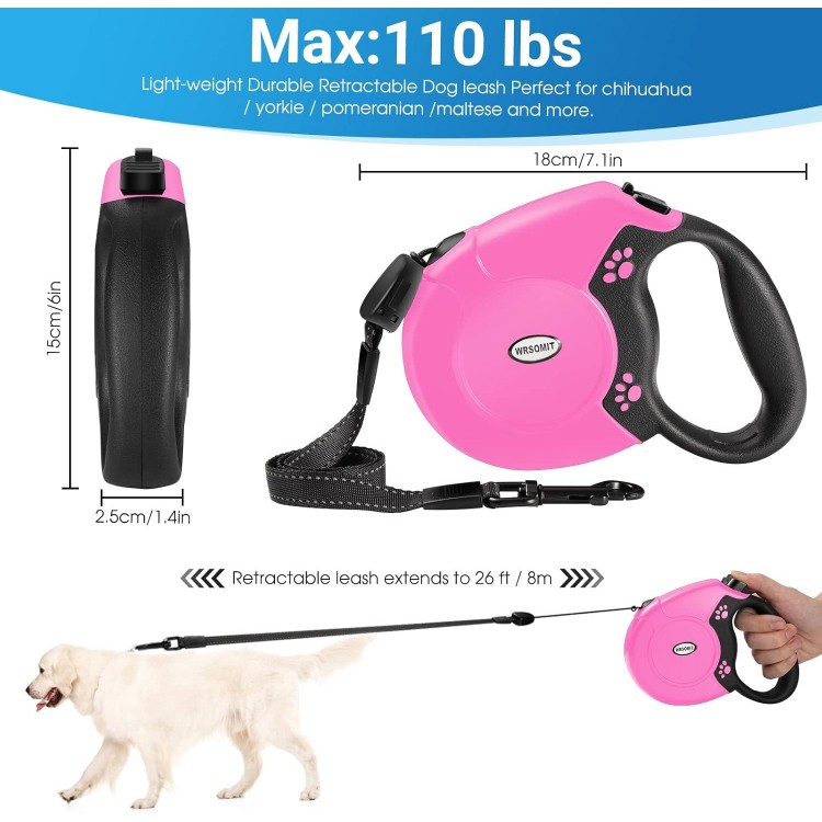 Retractable Dog Leash, 26 Ft Heavy Duty Pet Walking Leash for Small Medium Large Dogs up to 110lbs, Anti-Slip Handle, 360 ° No Tangle, Nylon Tape, One-Handed Brake (Pink)