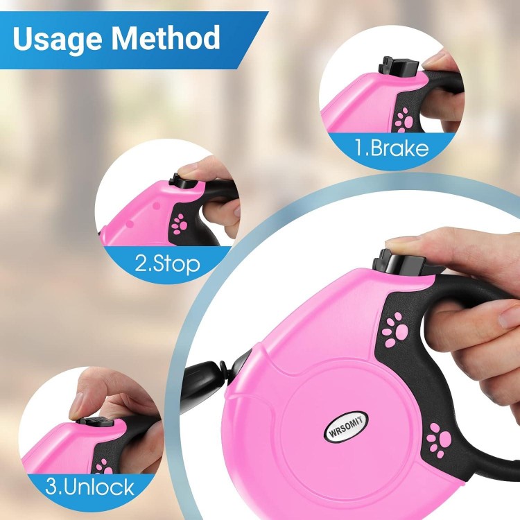 Retractable Dog Leash, 26 Ft Heavy Duty Pet Walking Leash for Small Medium Large Dogs up to 110lbs, Anti-Slip Handle, 360 ° No Tangle, Nylon Tape, One-Handed Brake (Pink)