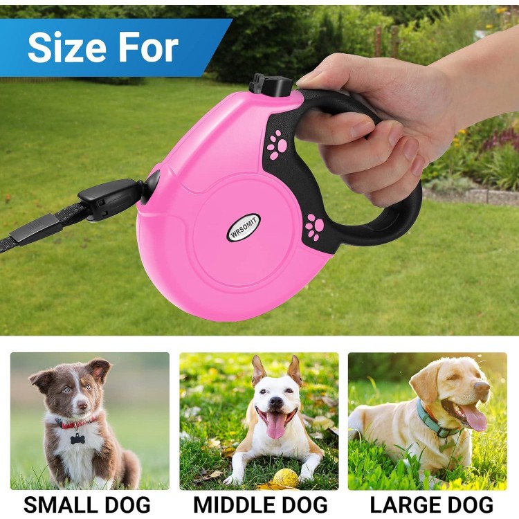 Retractable Dog Leash, 26 Ft Heavy Duty Pet Walking Leash for Small Medium Large Dogs up to 110lbs, Anti-Slip Handle, 360 ° No Tangle, Nylon Tape, One-Handed Brake (Pink)