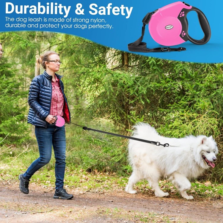 Retractable Dog Leash, 26 Ft Heavy Duty Pet Walking Leash for Small Medium Large Dogs up to 110lbs, Anti-Slip Handle, 360 ° No Tangle, Nylon Tape, One-Handed Brake (Pink)