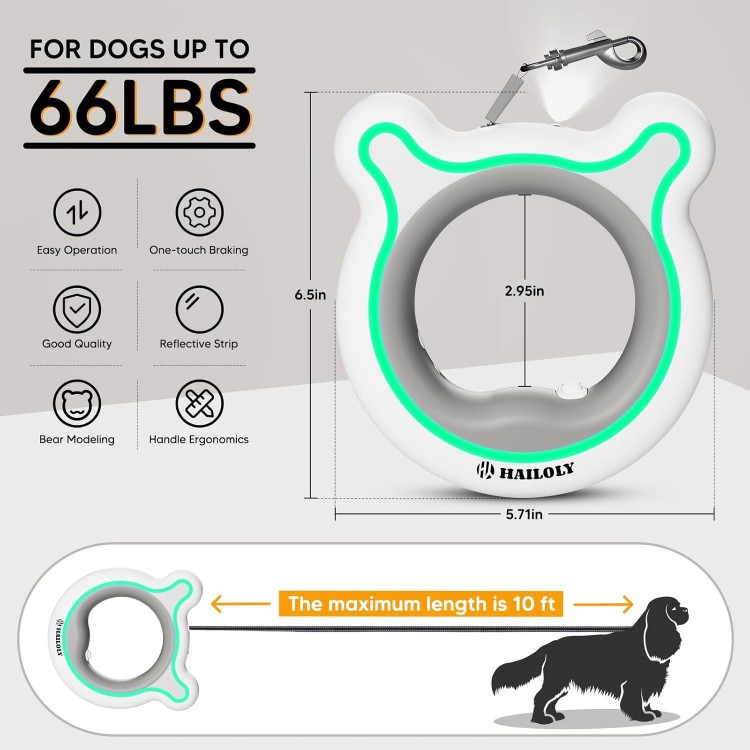 Retractable Dog Leash with LED Light, Hands-Free Wearable Leash, One-Handed Brake Suspension Lock, 360° Tangle Resistant 10 ft Long for Small to Medium Sized Dogs up to 66 lbs. (White)