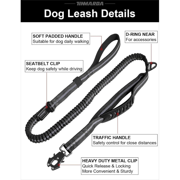 Heavy Duty Dog Leash, 4-6FT Shock Absorbing Tactical Dog Leash with 2 Padded Handles, Advanced Easy Metal Clip, No Pull Reflective Dog Leash for Medium Large Dogs That Pull (Black)