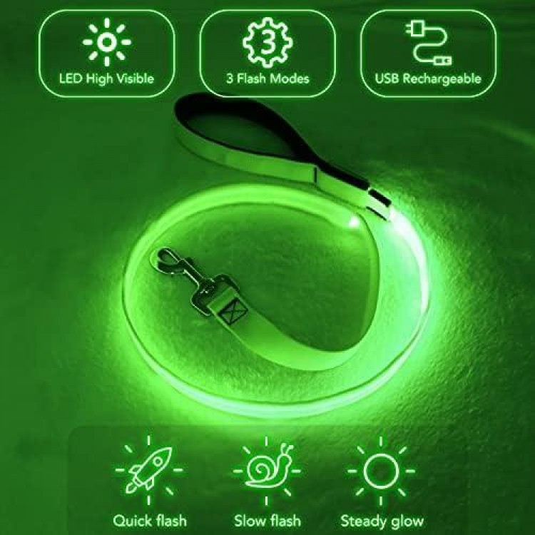 Colaseeme LED Dog Leash Light Up Dog Leash 4 Feet Micro USB Rechargeable Nylon Webbing Glow Safety Standard Dog Leash for Dogs (Green)