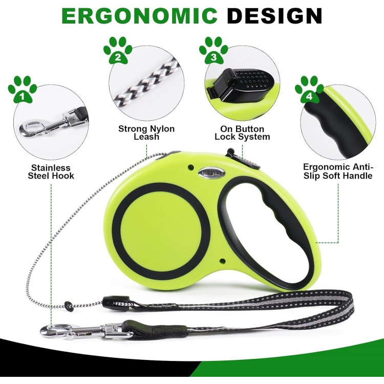 30FT Retractable Dog Leash 30 FT，360° Tangle-Free Dog Walking Leash forMedium and Large Dogs up to 77 lbs one-Hand Brake, one-Button Pause, Lock（Green）