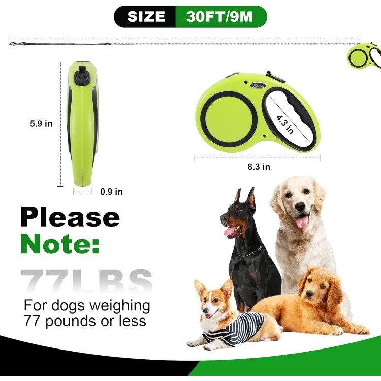 30FT Retractable Dog Leash 30 FT，360° Tangle-Free Dog Walking Leash forMedium and Large Dogs up to 77 lbs one-Hand Brake, one-Button Pause, Lock（Green）