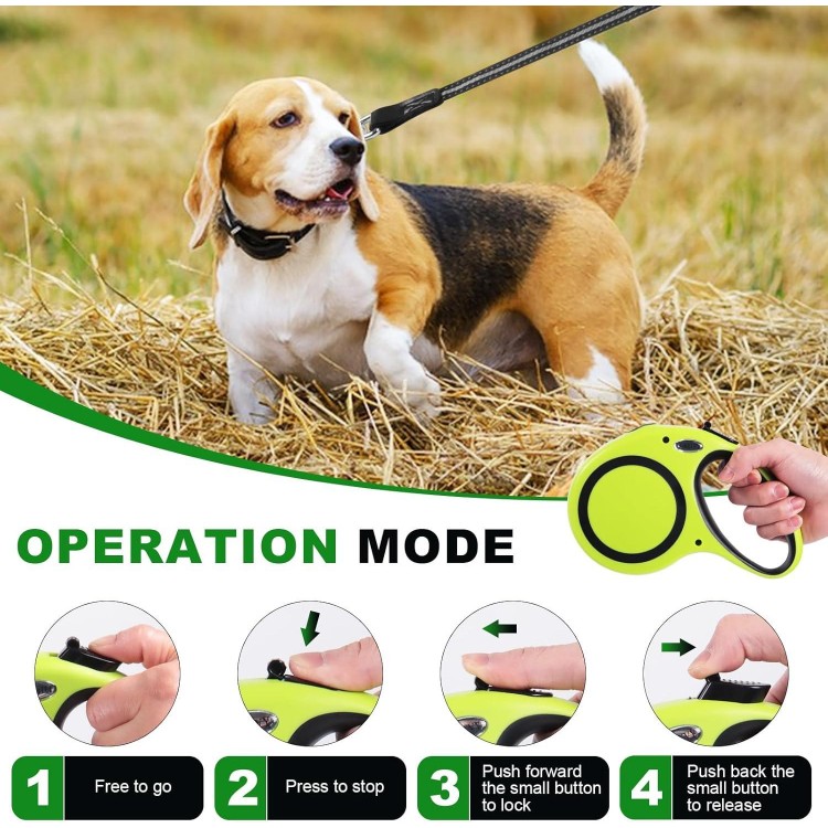 30FT Retractable Dog Leash 30 FT，360° Tangle-Free Dog Walking Leash forMedium and Large Dogs up to 77 lbs one-Hand Brake, one-Button Pause, Lock（Green）