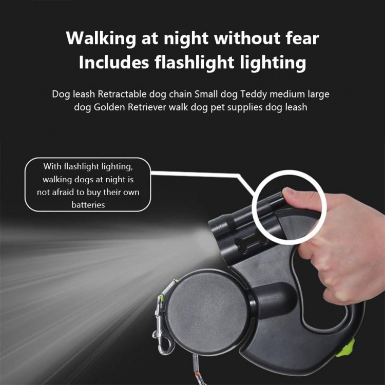 Retractable Dog Leash, Tangle-Free Strong Dog Leash for Medium Small Dogs Outdoor Walking with Night Light and Flashlight, One-Handed Locking Black [Double Head] 3 Meters One Size