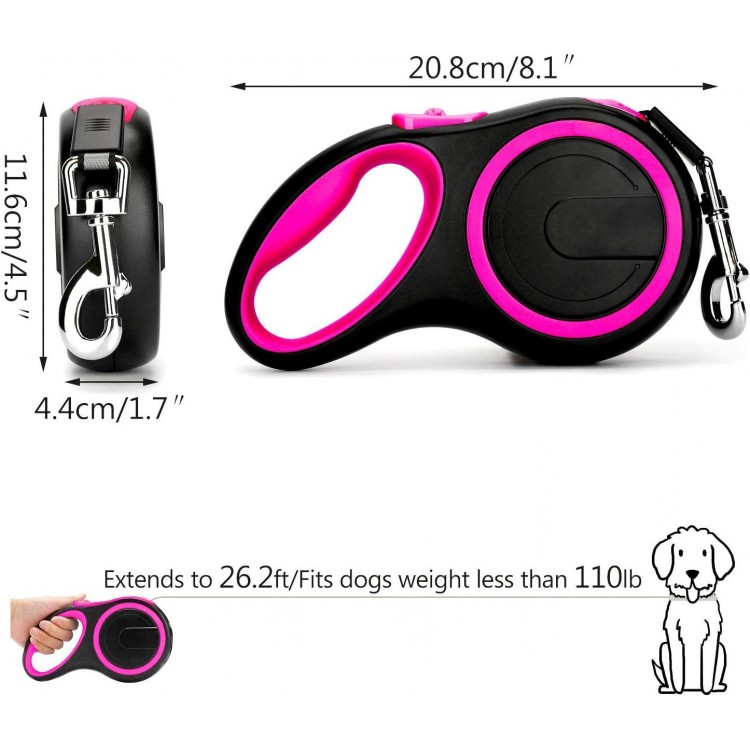 Segarty 26ft Dog Leash Retractable, Dog Leash Long for Medium Large Breed Dogs Up to 110Lbs, No Tangle Nylon Tape and 1 Button Break & Lock Heavy Duty Dog Leads for Training Running, Pink