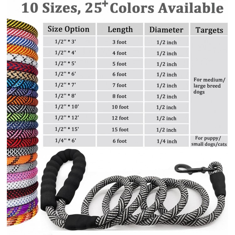 MayPaw Heavy Duty Rope Dog Leash, 3/4/5/6/7/8/10/12/15 FT Nylon Pet Leash, Soft Padded Handle Thick Lead Leash for Large Medium Dogs Small Puppy (1/2 * 6', Black)