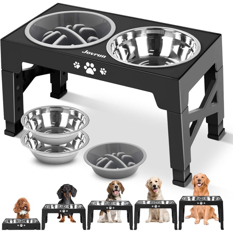 Elevated Dog Bowls, Dog Feeder with 2 Stainless Steel Bowls &1 Slow Feeder Dog Bowls, 5 Heights Adjustable Raised Dog Bowls Stand for Medium Large Dogs, Dog Food Bowls with Non-Slip Feet