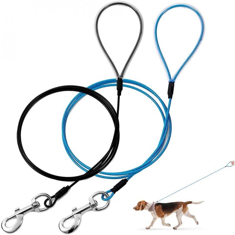 Chew Proof Dog Leash,6FT Metal Cable Lead,Heavy Duty Leash Made of Coated Wire Rope,Chew Resistant,Great for Large Dogs and Teething Puppies,Dog Chains(Black+Blue, 2 Pack)