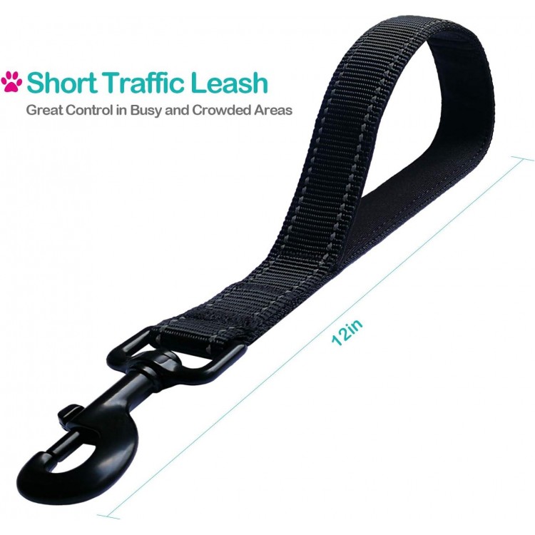 Short Dog Leash - Traffic Padded Handle - Heavy Duty - Short Nylon Dog Lead for Training Control - Reflective Threads Pet Leashes for Large Dogs and Medium Dogs (12 Inch, Black)