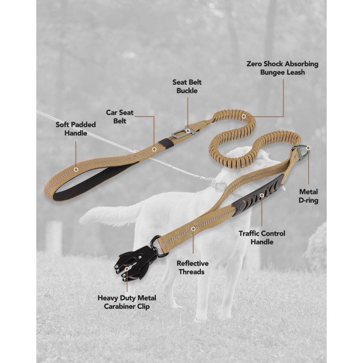 Joytale Tactical Dog Leash Heavy Duty,4-6FT Shock Absorbing Bungee Dog Leash with 2 Padded Handle,Metal Carabiner Clip,Car Seatbelt,Strong No Pull Dog Leash for Medium Large X-Large Dogs,Coyote Brown