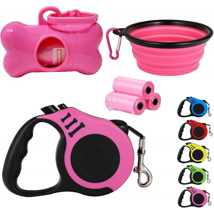 Retractable Dog Leash,Heavy Duty Dog Leash Retractable,Dog Walking Leash for Small Dog or Cat up to 26 lbs,360° Tangle-Free Strong Nylon Tape,Anti-Slip Handle,with Waste Bag Dispenser(10FT Pink)