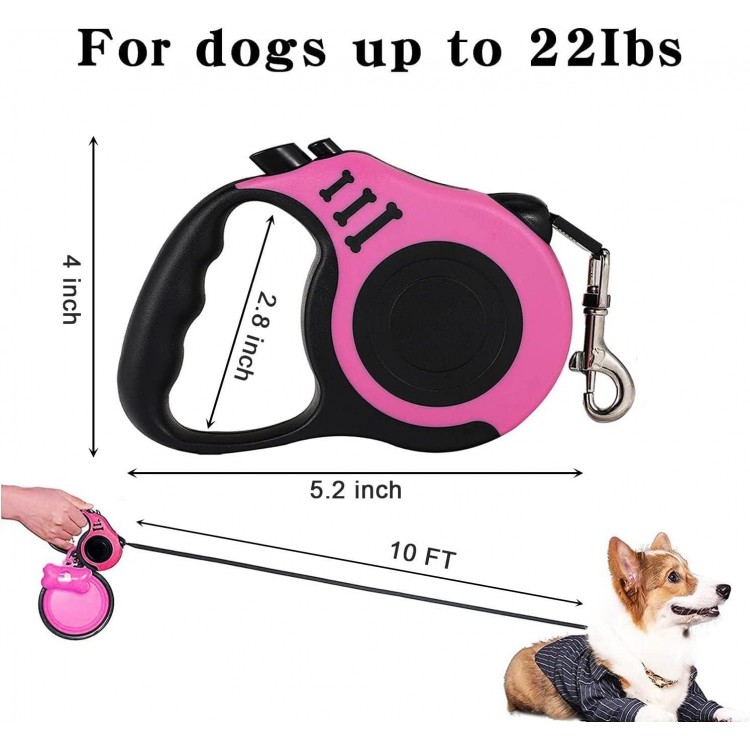 Retractable Dog Leash,Heavy Duty Dog Leash Retractable,Dog Walking Leash for Small Dog or Cat up to 26 lbs,360° Tangle-Free Strong Nylon Tape,Anti-Slip Handle,with Waste Bag Dispenser(10FT Pink)