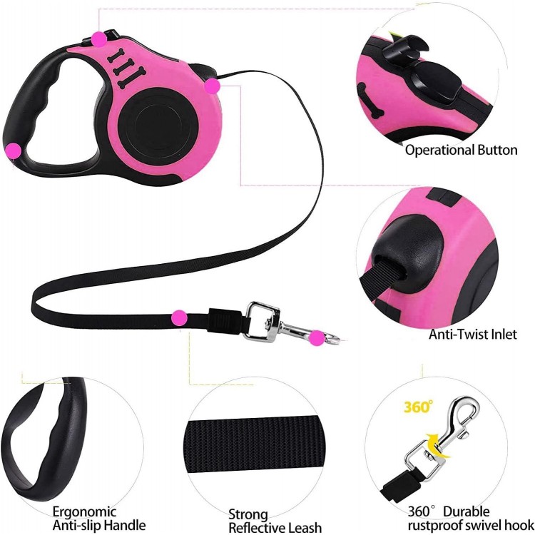 Retractable Dog Leash,Heavy Duty Dog Leash Retractable,Dog Walking Leash for Small Dog or Cat up to 26 lbs,360° Tangle-Free Strong Nylon Tape,Anti-Slip Handle,with Waste Bag Dispenser(10FT Pink)