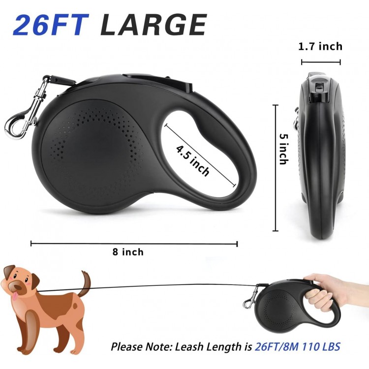 Retractable Dog Leash, 26 Feet Dog Leash for Small to Large Dogs up to 110lbs, Anti-Slip Handle One Button Lock and Release, Heavy Duty 360° Tangle-Free