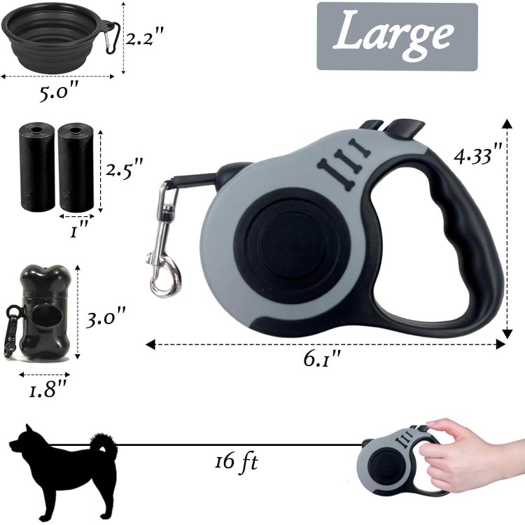 Retractable Dog Leash, 16 FT Dog Leash for Small Medium Dogs up to 33lbs, Pet Tape with Anti Slip Handle and Lock Nylon, 1 Silicone Dog Bowl, 1 Dispenser, 2 Waste Bag