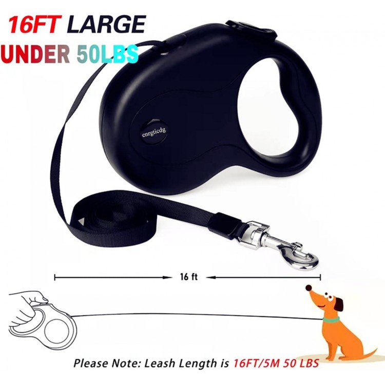 16Ft Retractable Dog Leash,Light Weight Leash for Small to Medium Dogs/Cats Up to 50lbs,Stainless Steel Spring Strong Nylon Tape, Tangle Free, One-Handed Brake (Black)