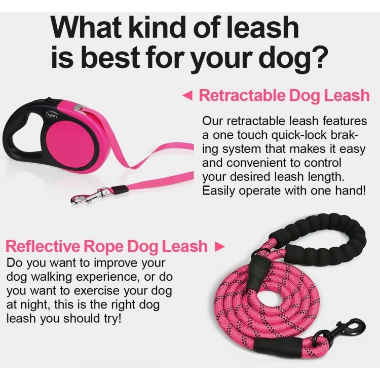 Taglory Retractable Dog Leash, 16ft No Tangle Dog Leash Retractable for Puppy Small Medium Dogs Up to 44 lbs, One-Handed Brake, Pause, Lock, Pink