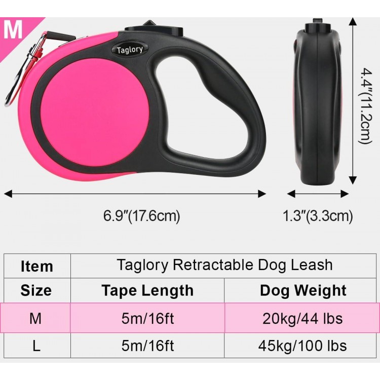 Taglory Retractable Dog Leash, 16ft No Tangle Dog Leash Retractable for Puppy Small Medium Dogs Up to 44 lbs, One-Handed Brake, Pause, Lock, Pink