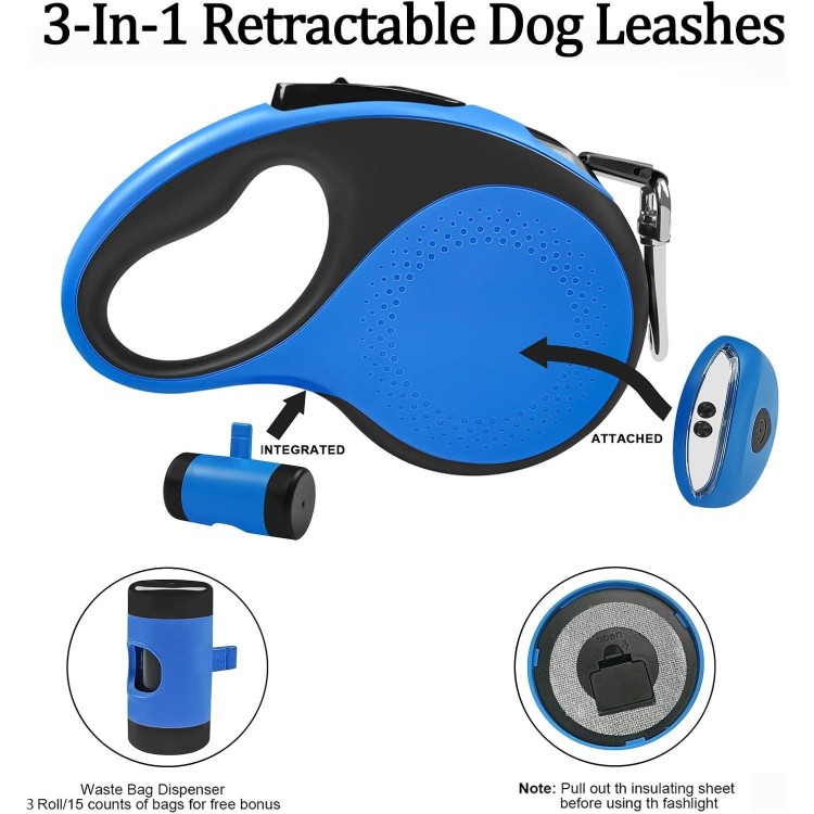 Retractable Dog Leash with Waste Bag Dispenser and Flashlight, 16ft Dog Leash for Small Medium Dogs up to 66lbs, One Button Break & Lock,360°Tangle Free, Soft Anti Slip Grip,Blue