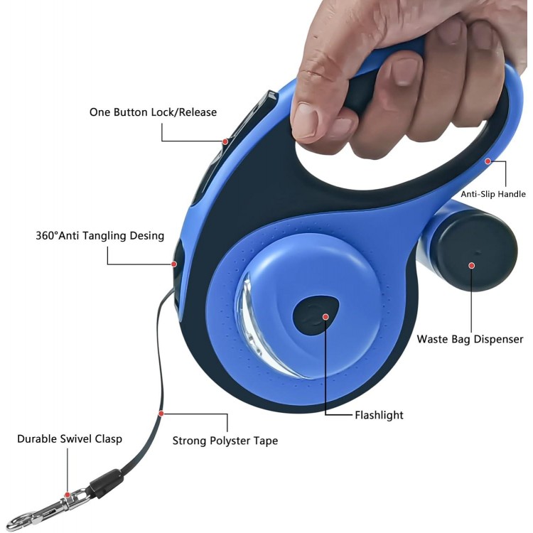 Retractable Dog Leash with Waste Bag Dispenser and Flashlight, 16ft Dog Leash for Small Medium Dogs up to 66lbs, One Button Break & Lock,360°Tangle Free, Soft Anti Slip Grip,Blue