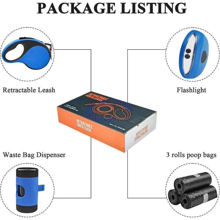 Retractable Dog Leash with Waste Bag Dispenser and Flashlight, 16ft Dog Leash for Small Medium Dogs up to 66lbs, One Button Break & Lock,360°Tangle Free, Soft Anti Slip Grip,Blue