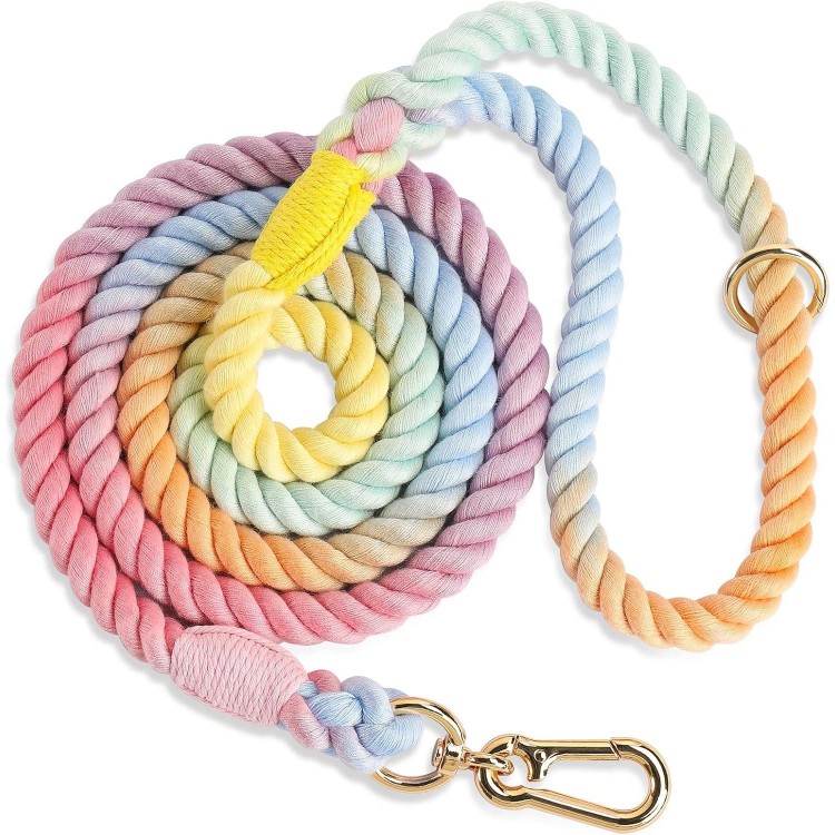 Rope Dog Leash Handmade Braided Cotton Rope Leashes with Heavy Duty Metal Clasp, Cute Dog Leash, Wedding Dog Leash (Colorful Macaron, 5 FT)