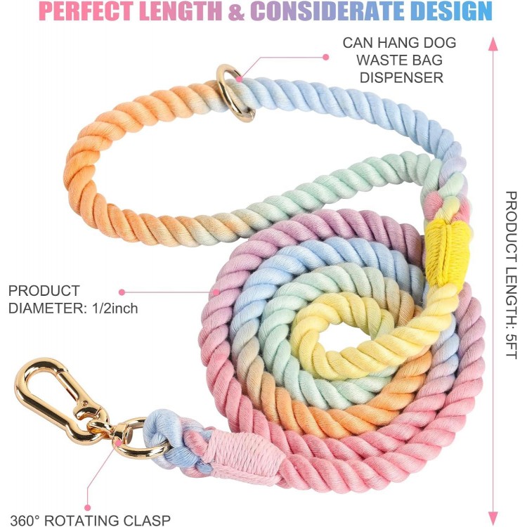 Rope Dog Leash Handmade Braided Cotton Rope Leashes with Heavy Duty Metal Clasp, Cute Dog Leash, Wedding Dog Leash (Colorful Macaron, 5 FT)