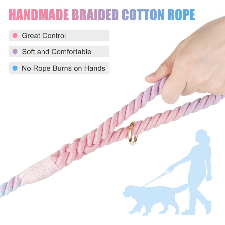 Rope Dog Leash Handmade Braided Cotton Rope Leashes with Heavy Duty Metal Clasp, Cute Dog Leash, Wedding Dog Leash (Colorful Macaron, 5 FT)