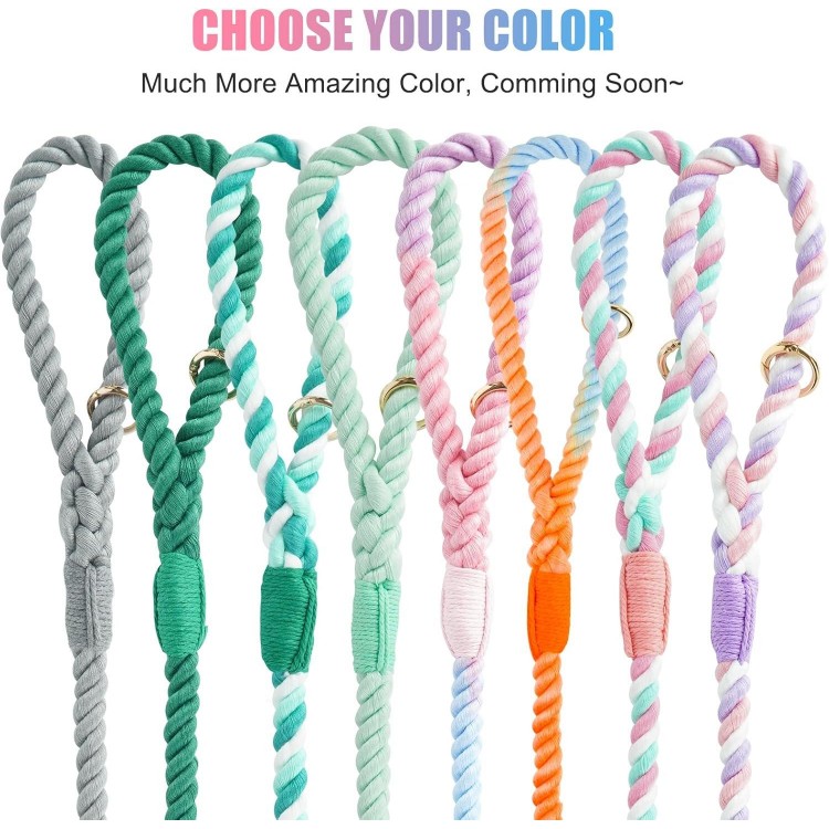 Rope Dog Leash Handmade Braided Cotton Rope Leashes with Heavy Duty Metal Clasp, Cute Dog Leash, Wedding Dog Leash (Colorful Macaron, 5 FT)