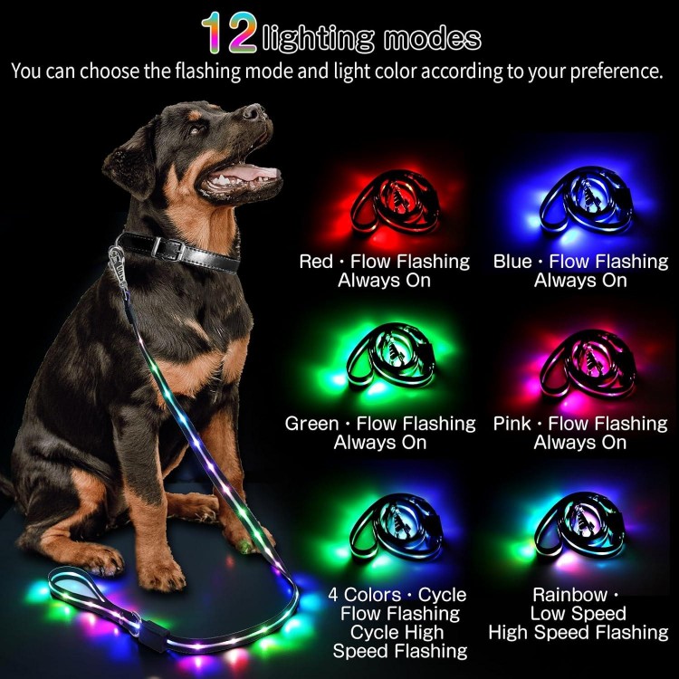 Led Dog Leash: 12 Lighting Modes Light Up Dog Leash Rechargeable - 5 Ft Lighted Dog Leash for Night Walking Safety Glow in The Dark, Silicone Dog Leash for Small Medium Large Dogs Walking at Night