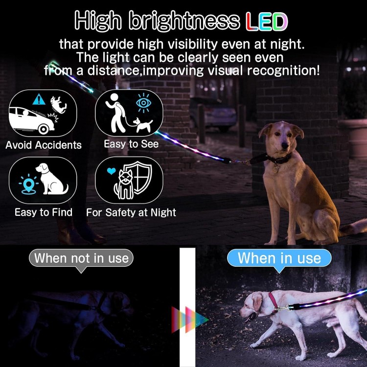 Led Dog Leash: 12 Lighting Modes Light Up Dog Leash Rechargeable - 5 Ft Lighted Dog Leash for Night Walking Safety Glow in The Dark, Silicone Dog Leash for Small Medium Large Dogs Walking at Night