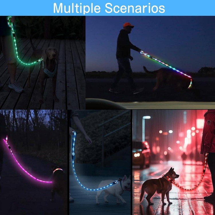 Led Dog Leash: 12 Lighting Modes Light Up Dog Leash Rechargeable - 5 Ft Lighted Dog Leash for Night Walking Safety Glow in The Dark, Silicone Dog Leash for Small Medium Large Dogs Walking at Night