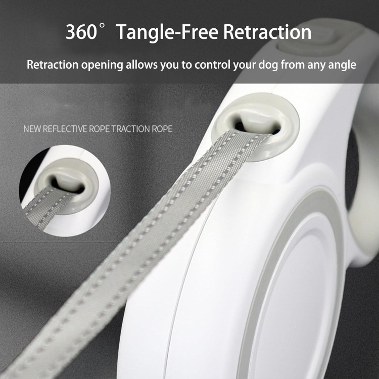 360° Retractable Dog Leash, Strong Reflective Nylon Tape Lead 16 ft Dog Walking Leash, up to 66lbs, Anti-Slip Rubberized Handle, One-Handed Brake, Tangle Free, White-Gray (Medium)