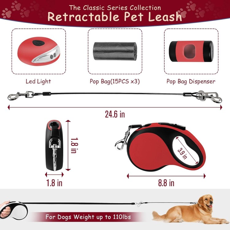 26Ft Retractable Dog Leash for Dog Up to 110lbs, Tangle Free Walking Leash, Heavy Duty Nylon Tape with Chew Proof Cable | LED Light | Dispenser | Poop Bags, Quick Lock Braking & Non-Slip Handle (Red)