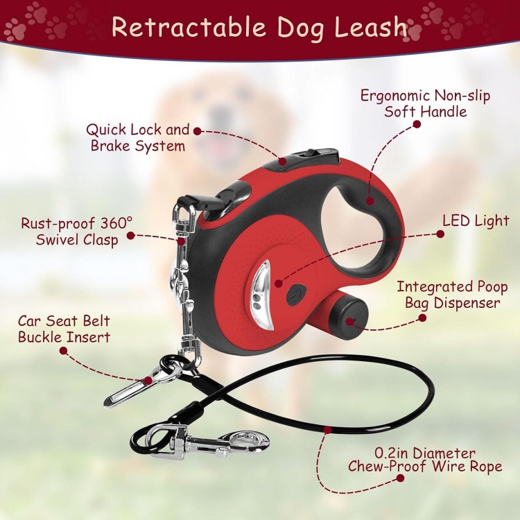 26Ft Retractable Dog Leash for Dog Up to 110lbs, Tangle Free Walking Leash, Heavy Duty Nylon Tape with Chew Proof Cable | LED Light | Dispenser | Poop Bags, Quick Lock Braking & Non-Slip Handle (Red)