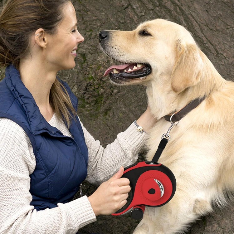 26Ft Retractable Dog Leash for Dog Up to 110lbs, Tangle Free Walking Leash, Heavy Duty Nylon Tape with Chew Proof Cable | LED Light | Dispenser | Poop Bags, Quick Lock Braking & Non-Slip Handle (Red)