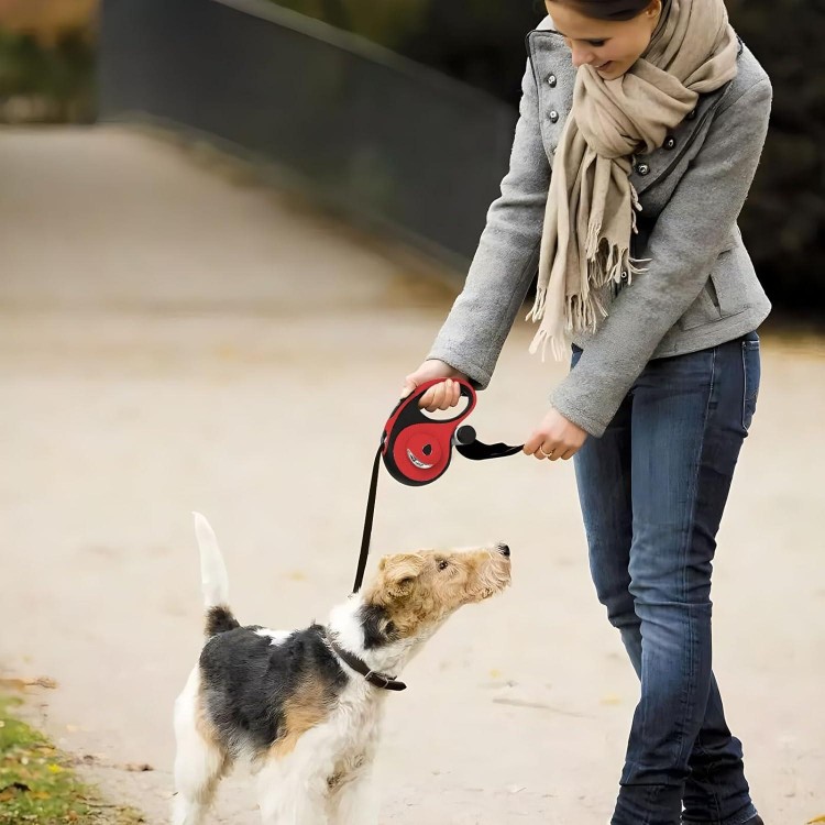 26Ft Retractable Dog Leash for Dog Up to 110lbs, Tangle Free Walking Leash, Heavy Duty Nylon Tape with Chew Proof Cable | LED Light | Dispenser | Poop Bags, Quick Lock Braking & Non-Slip Handle (Red)