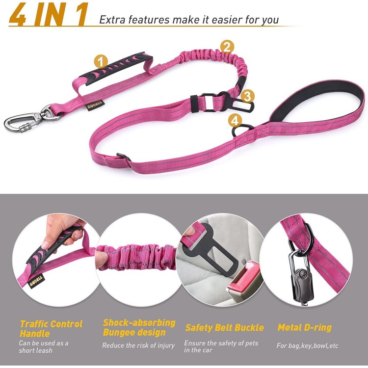 AUBELL Heavy Duty Dog Leash, Reflective Dog Leashes with Car Seat Belt and Soft Padded Handle, 4-6ft Strong Dog Leash for Training, No Pull Bungee Dog Leash for Large Medium Dogs, Pink