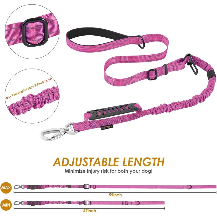 AUBELL Heavy Duty Dog Leash, Reflective Dog Leashes with Car Seat Belt and Soft Padded Handle, 4-6ft Strong Dog Leash for Training, No Pull Bungee Dog Leash for Large Medium Dogs, Pink