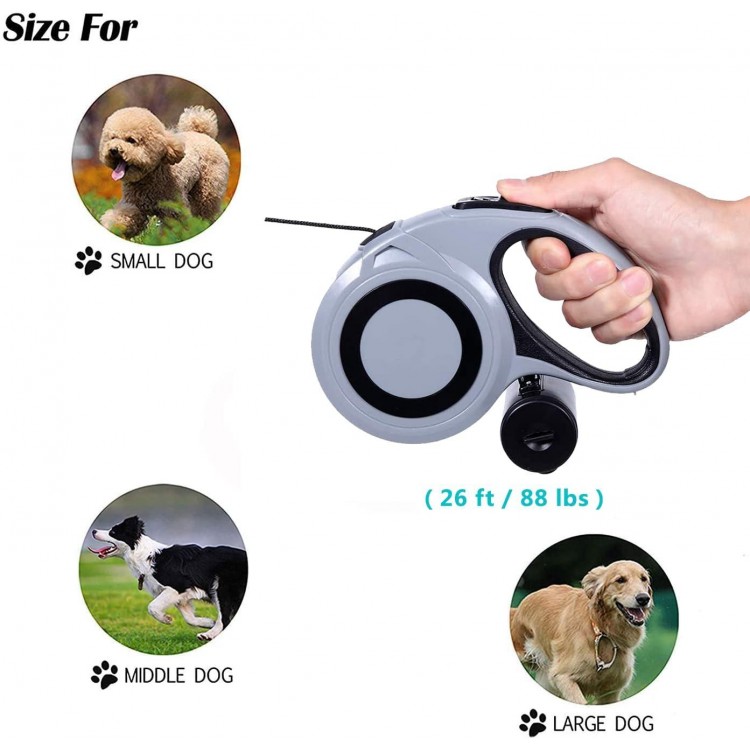 26 ft Heavy Duty Retractable Dog Leash, 360° Tangle Free Pet Walking Leash for Dogs with Anti-Slip Handle/Dispenser/Waste Bags, One-Hand Brake/Pause/Lock for Small/Medium/Large Dog or Cat(8M, Grey)