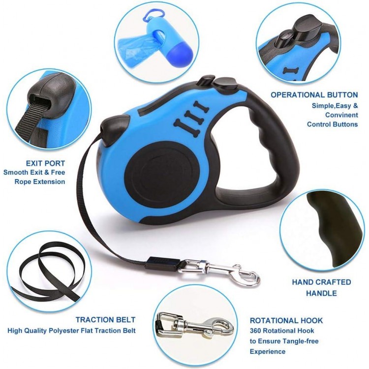 Retractable Dog Leash for Medium - Small Dogs and Cats 16.5FT Tangle Free, Heavy Duty Walking Leash with Anti Slip Handle, Pause and Lock Strong Nylon Tape, Store Dog Leash Retractable(Blue)