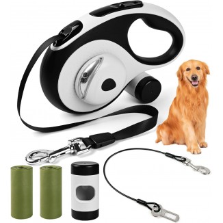 Heavy Duty Retractable Dog Leash for Large Dogs, 26ft with Chew Proof Cable, LED Light, Dispenser, 2 Poop Bags. 360° No Tangle, One Button Brake & Lock, for Dogs Up to 110Lbs. (White, 26ft)