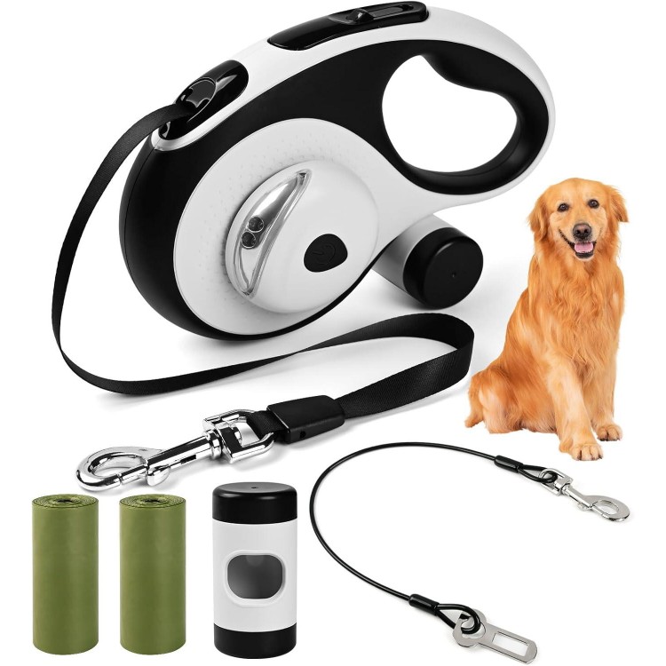 Heavy Duty Retractable Dog Leash for Large Dogs, 26ft with Chew Proof Cable, LED Light, Dispenser, 2 Poop Bags. 360° No Tangle, One Button Brake & Lock, for Dogs Up to 110Lbs. (White, 26ft)