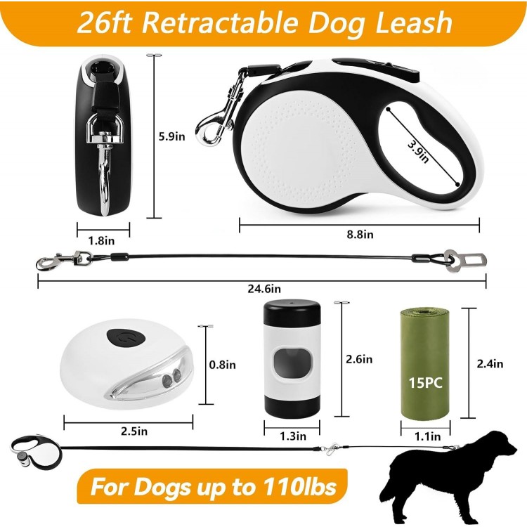 Heavy Duty Retractable Dog Leash for Large Dogs, 26ft with Chew Proof Cable, LED Light, Dispenser, 2 Poop Bags. 360° No Tangle, One Button Brake & Lock, for Dogs Up to 110Lbs. (White, 26ft)